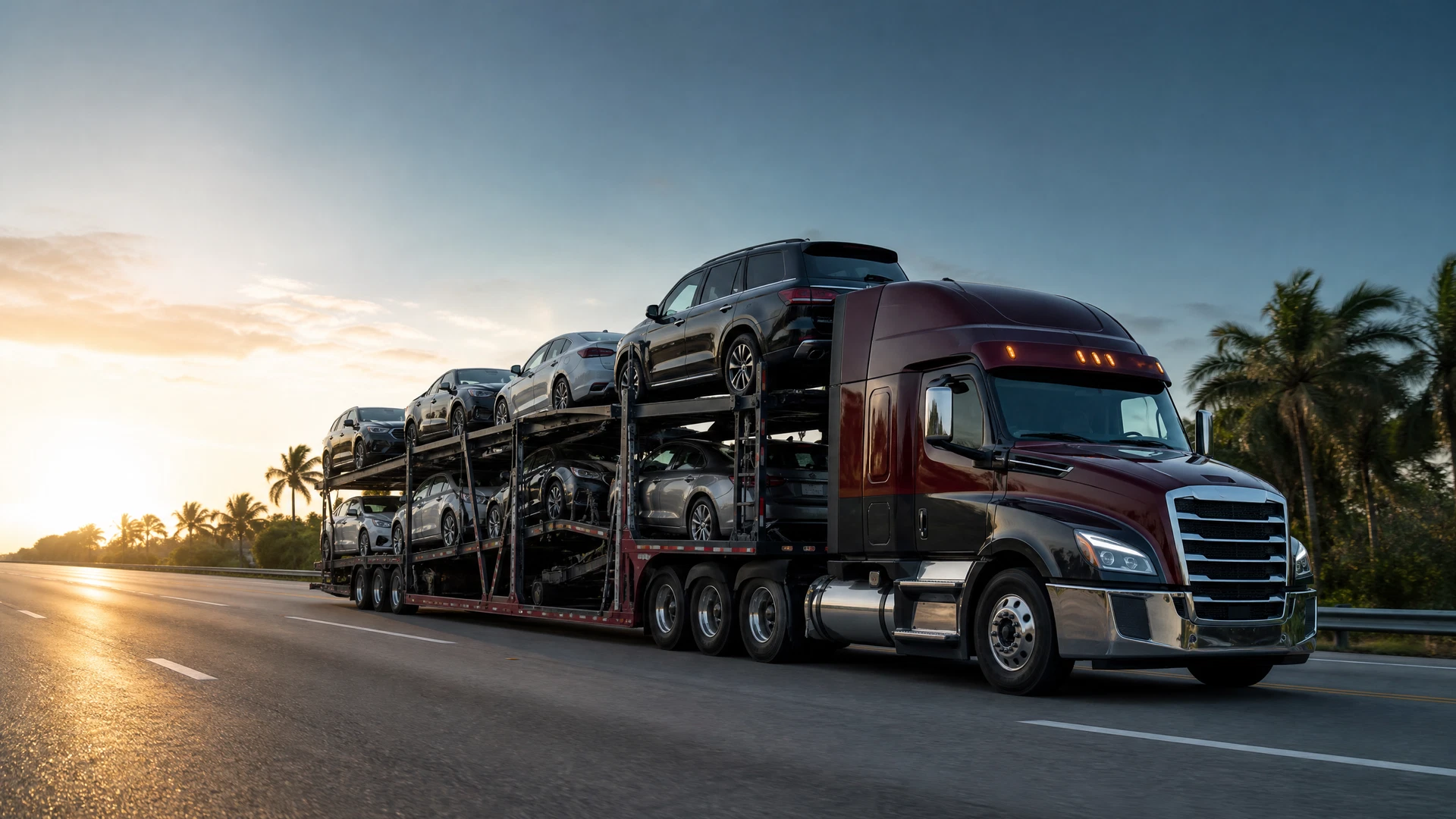Open multi-vehicle auto transport carrier on a South Florida highway